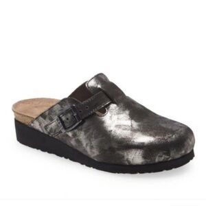 NAOT Autumn Metallic Black Silver Leather Slip on Clogs Mules 36 Birkenstock